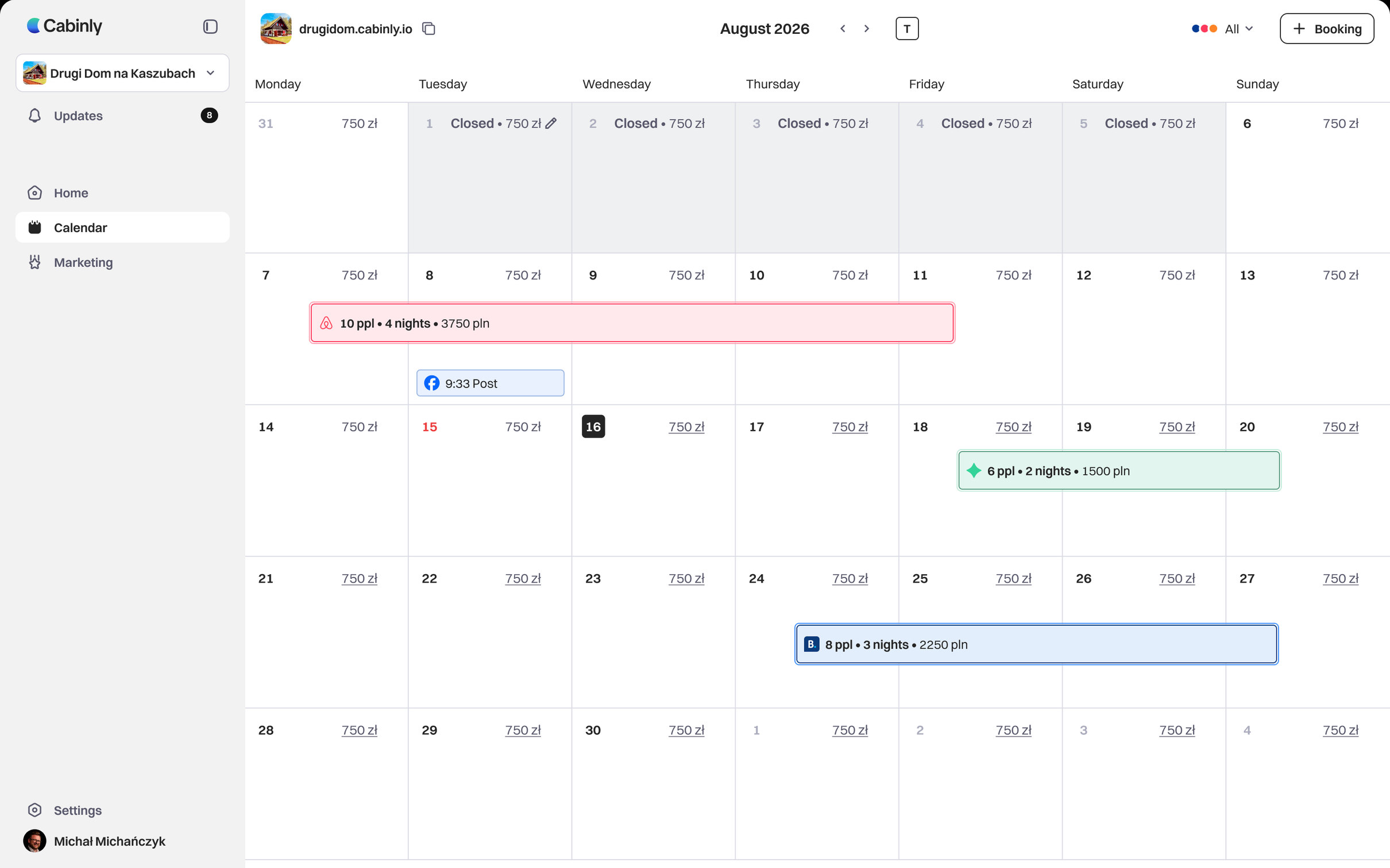 The Cabinly calendar showing August 2026 for a cabin: a booking from Airbnb, one from Booking.com and one taken directly, five closed days at the start of the month, a scheduled Facebook post, and a price of 750 zl on every night.