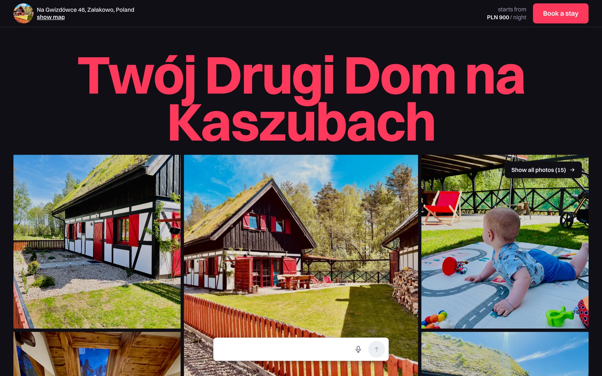 A Cabinly booking page in a desktop browser: photo gallery, rating, nightly price and a book-a-stay button.