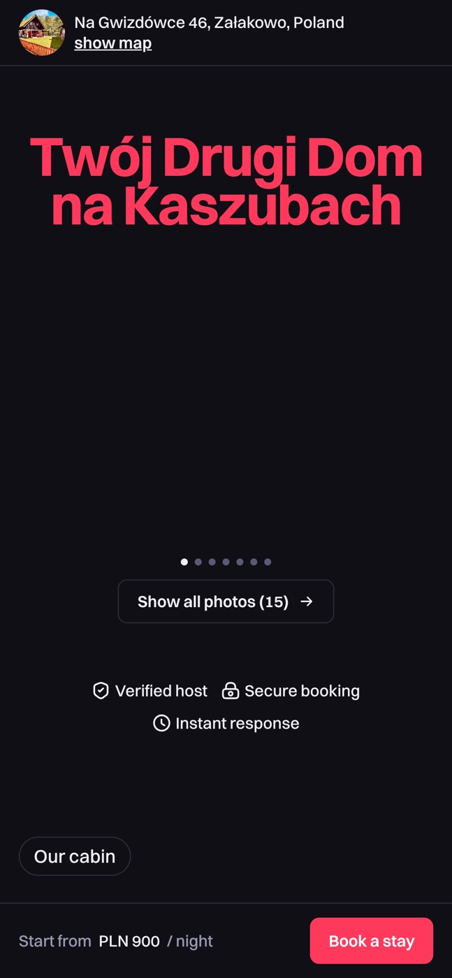 The same booking page on a phone: photos, rating, nightly price and a book-a-stay button.